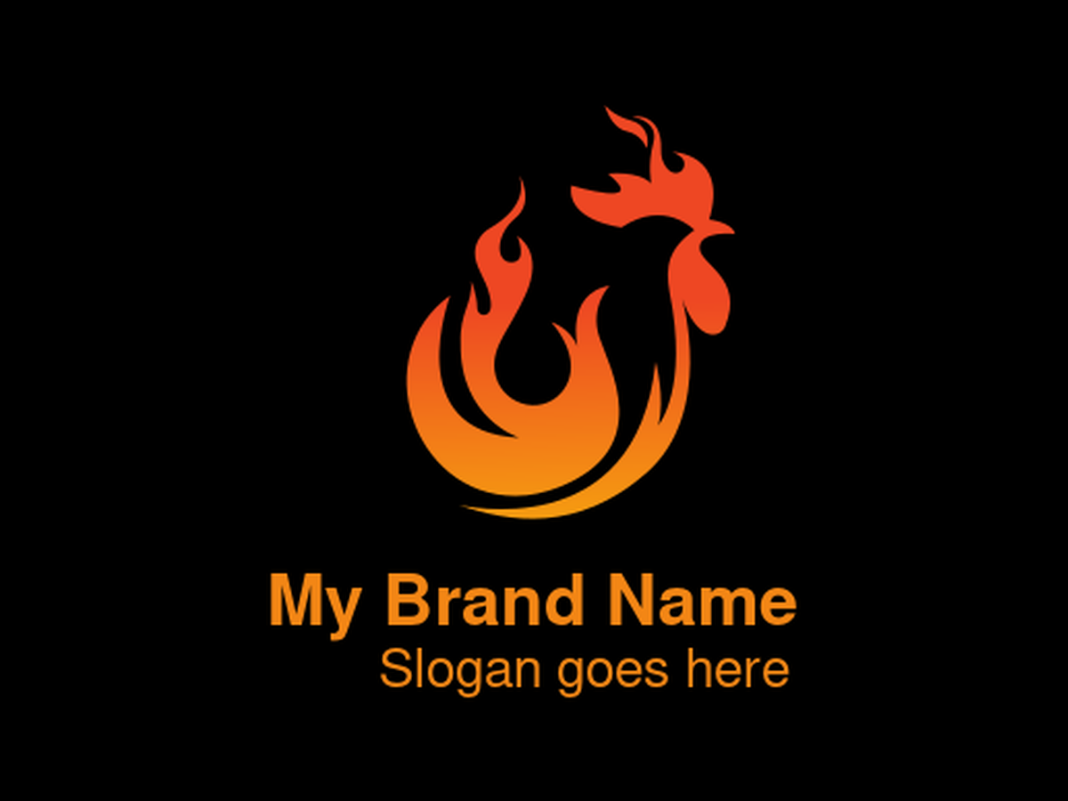 Abstract Fiery Orange and Red Rooster Silhouette Logo Formed by Flames for Spicy Food, Grilling Restaurants, or High-Energy Brands